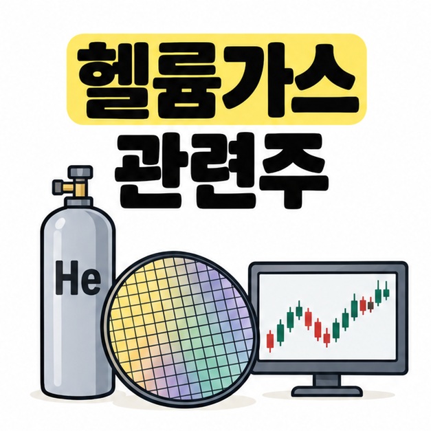 헬륨가스 관련주 제목과 헬륨 가스통, 반도체 웨이퍼를 함께 보여주는 그림