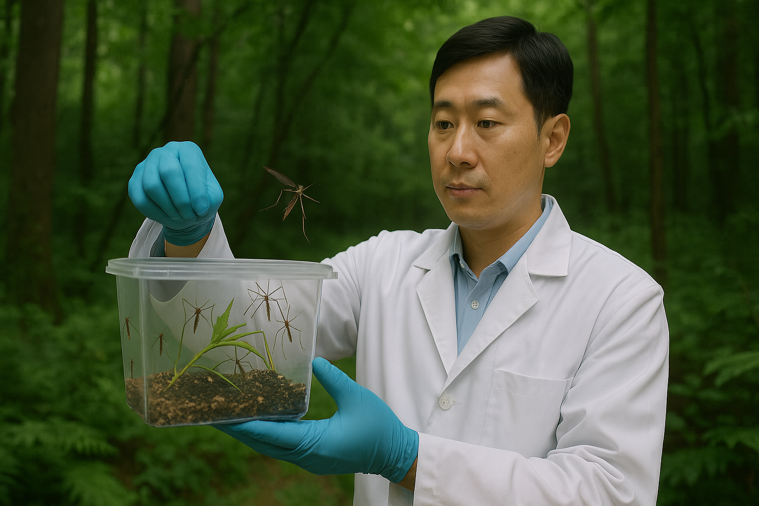 광릉왕모기를 인공 번식시키는 한국의 연구원 모습