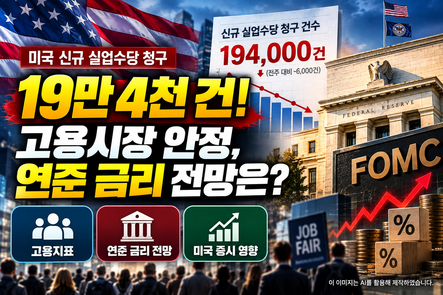 2026년 10월 미국 신규 실업수당 청구 19만 4천 건 발표와 고용시장 안정, 연방준비제도 금리 전망 및 미국 증시 영향을 나타낸 이미지