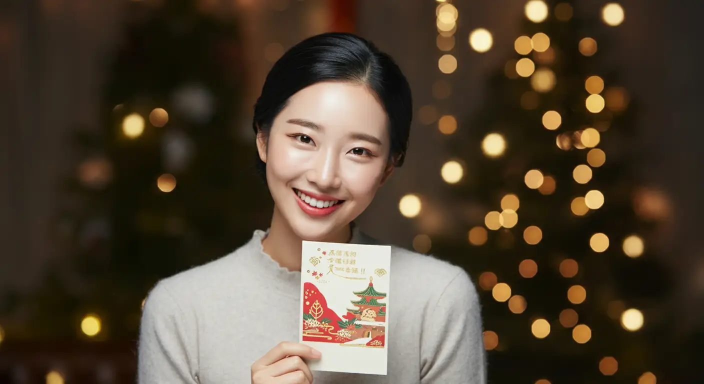 연하장을 들고 있는 여성