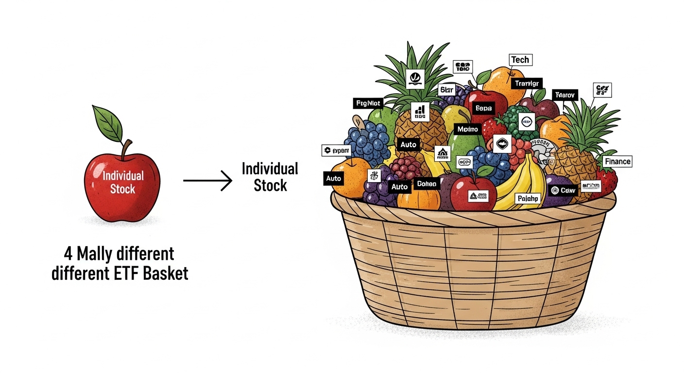 개별 주식(사과 하나)과 ETF(다양한 과일이 담긴 바구니)의 개념을 시각적으로 비교하는 인포그래픽. ETF 바구니 안에는 여러 회사 로고가 붙은 과일들이 보입니다.