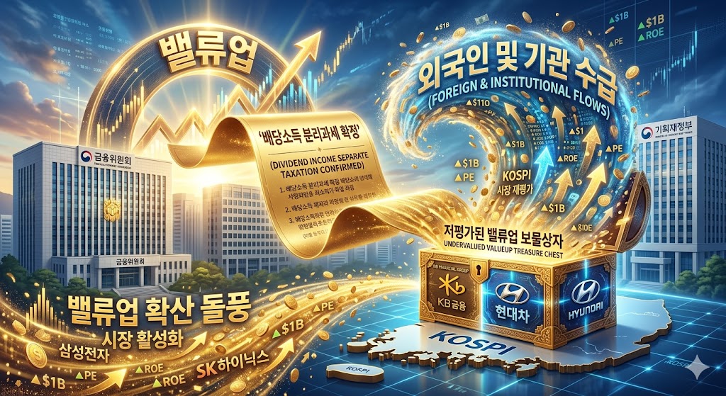 대한민국 금융위원회와 기획재정부 건물을 배경으로 '배당소득 분리과세 확정'이라는 황금빛 문서가 펼쳐지며, 그 위로 거대한 자금의 파도(외국인&middot;기관 수급)가 코스피 시장의 저평가된 밸류업 보물상자(KB금융, 현대차 로고 형상화)를 향해 강력하게 쏟아져 들어오는 모습을 드라마틱하게 표현한 3D 하이테크 일러스트 그래픽 이미지.