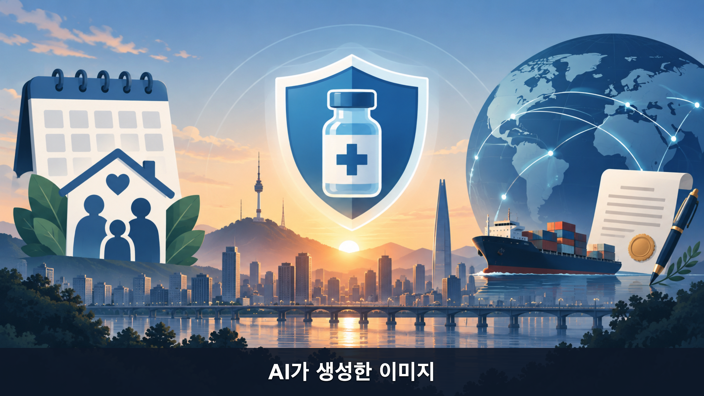 2026년 9월 18일 아침 뉴스의 돌봄 제도, 예방접종, 국제 제재와 해상 물류를 상징하는 AI 개념 일러스트