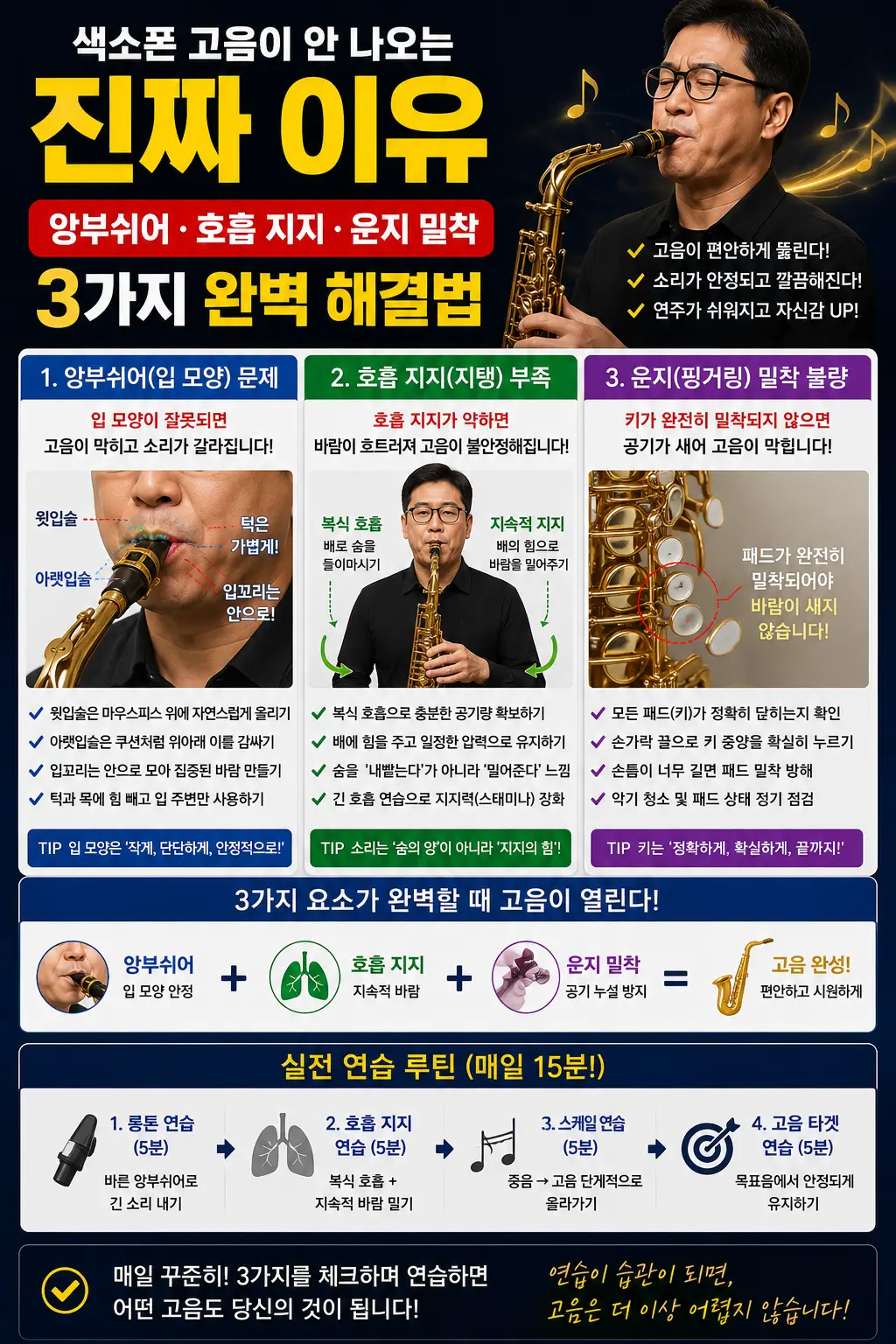 색소폰 고음이 안 나오는 진짜 이유 앙브쉬어 호흡지지 운지 밀착 3가지 완벽 해결볍 이미지