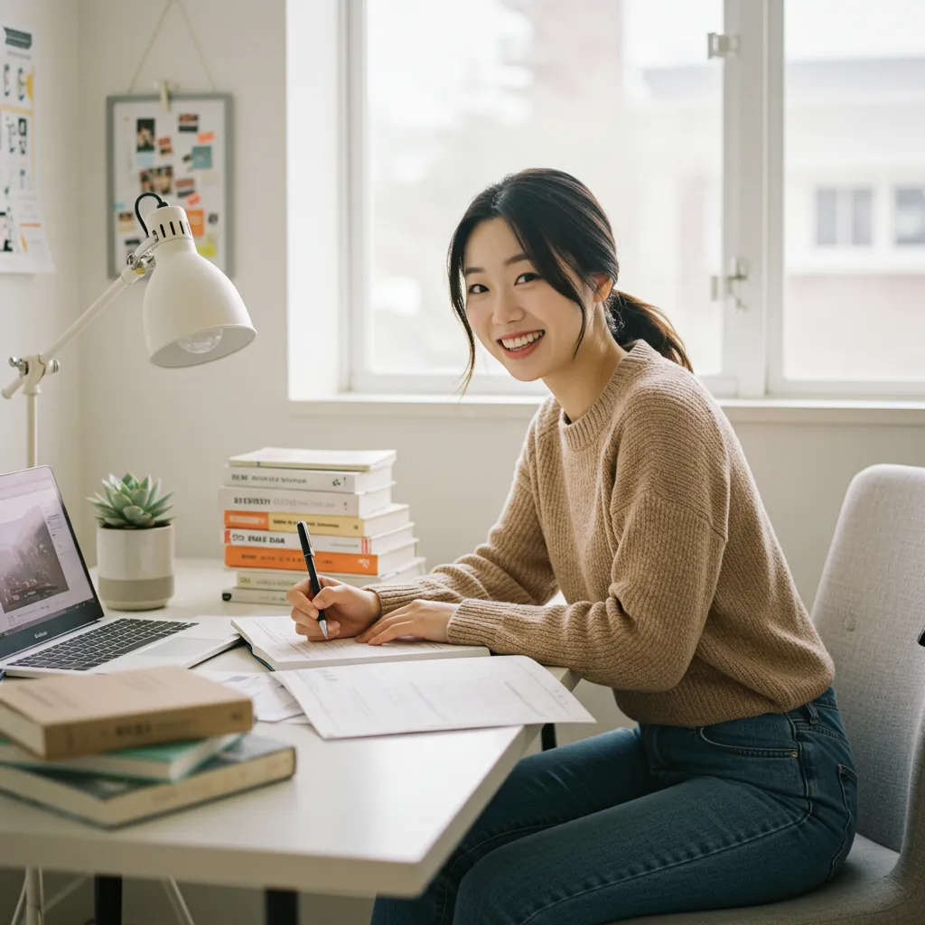 재택 부업을 하면서 웃고 있는 여성