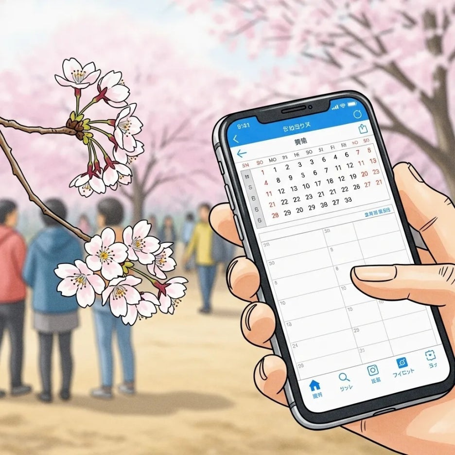 벚꽃 개화 시기를 확인하는 손과 벚꽃