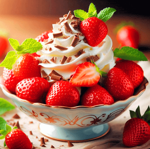 하얀 꽃무늬 도자기 그릇에 하얀 아이스크림과 빨간 딸기들이 가득 담겨있다.