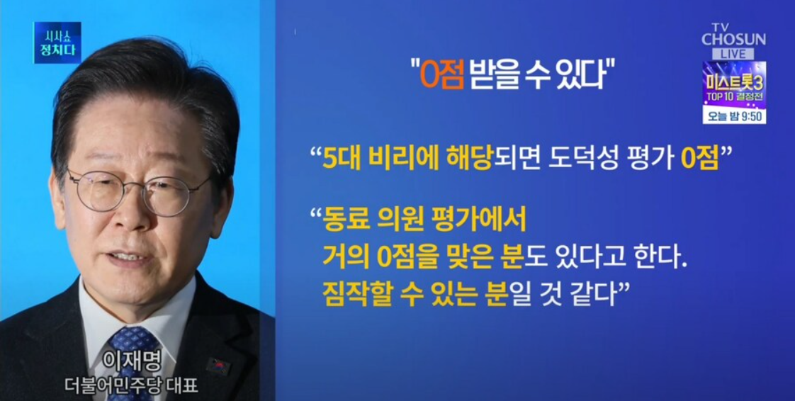 동료의원 평가에서 0점 의원도 있다는 이재명 대표의 발언 요약본