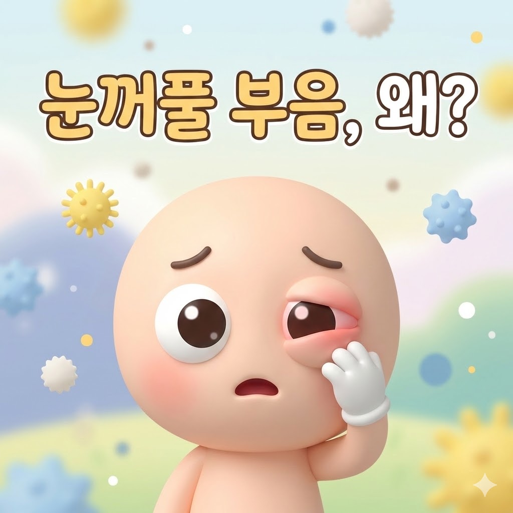 눈꺼풀이 부어 살짝 걱정스러운 표정의 귀여운 3D 카툰 캐릭터가 눈을 만지고 있는 모습. '눈꺼풀 부음, 왜?'라는 문구가 크게 쓰여 있음.