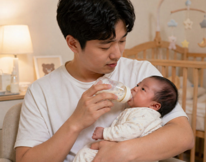 아빠가 신생아에게 젖병으로 분유를 먹이는 모습, 초보 부모 육아 수유 장면