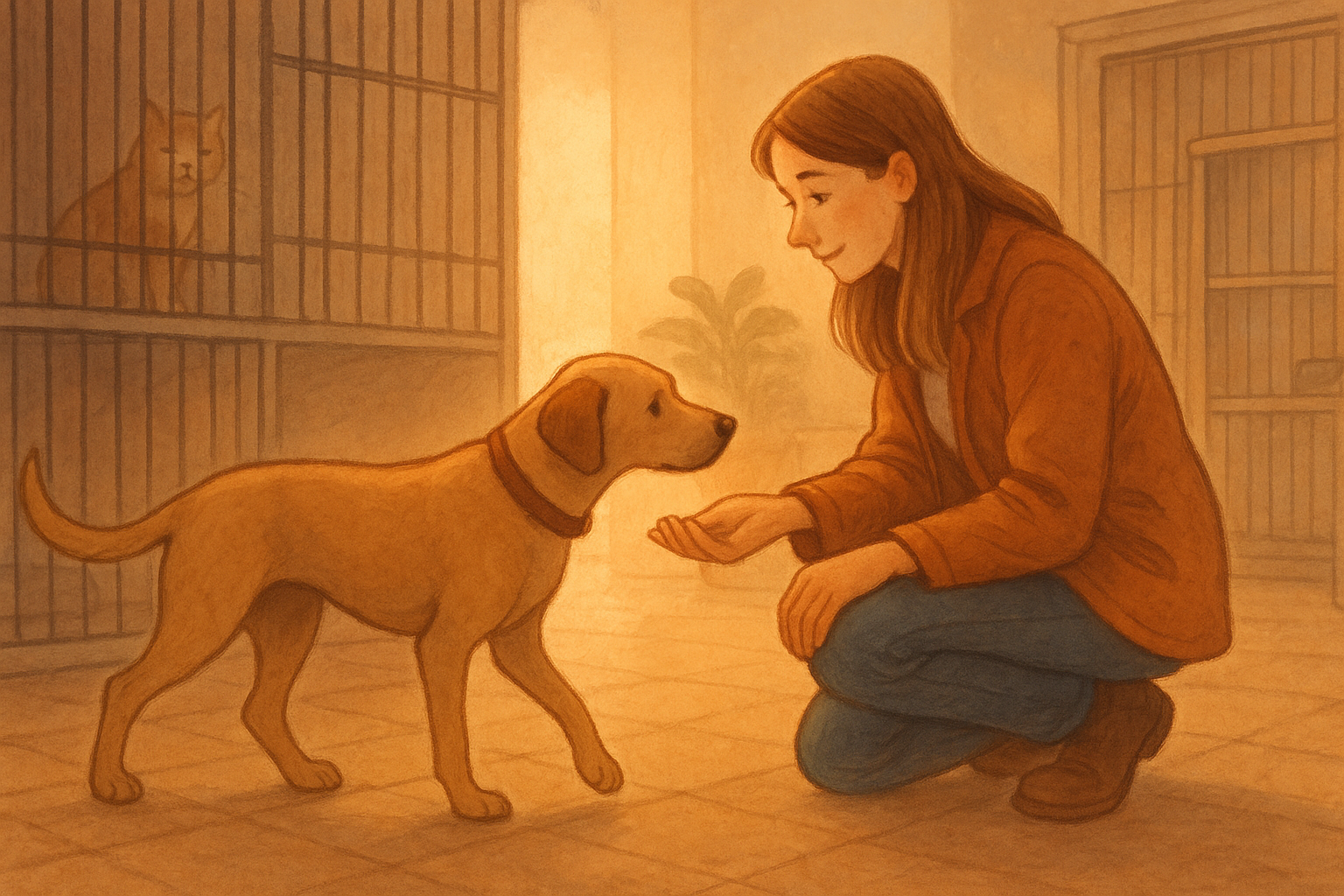 유기동물 보호소에서 마주보고 있는 강아지와 사람 이미지