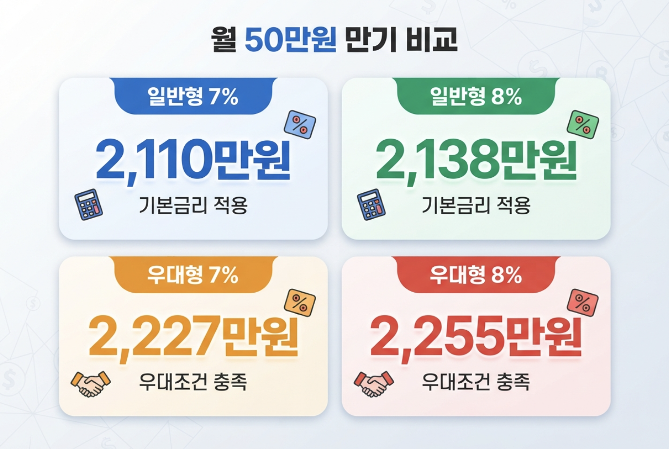 청년미래적금 월 50만원 3년 납입 시 일반형과 우대형 7% 8% 만기금액 비교