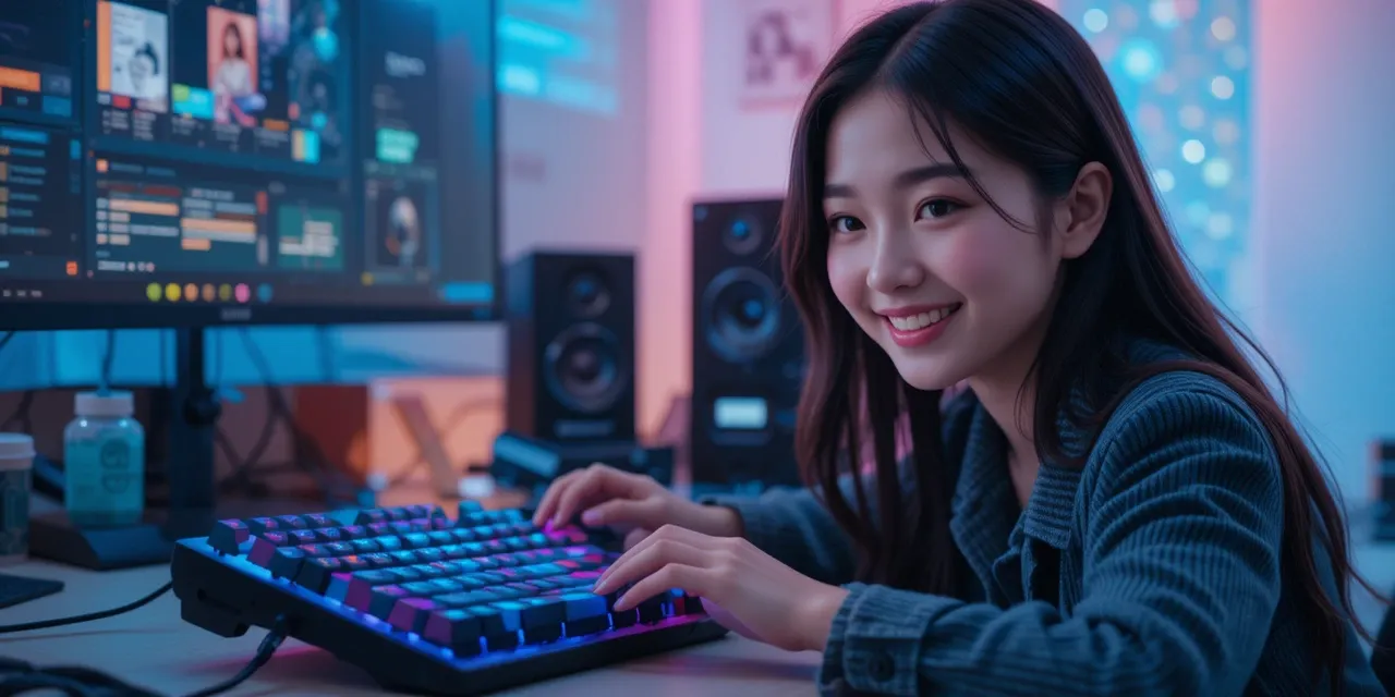 백라이트가 켜진 기계식 키보드를 사용하며 즐거워하는 장면