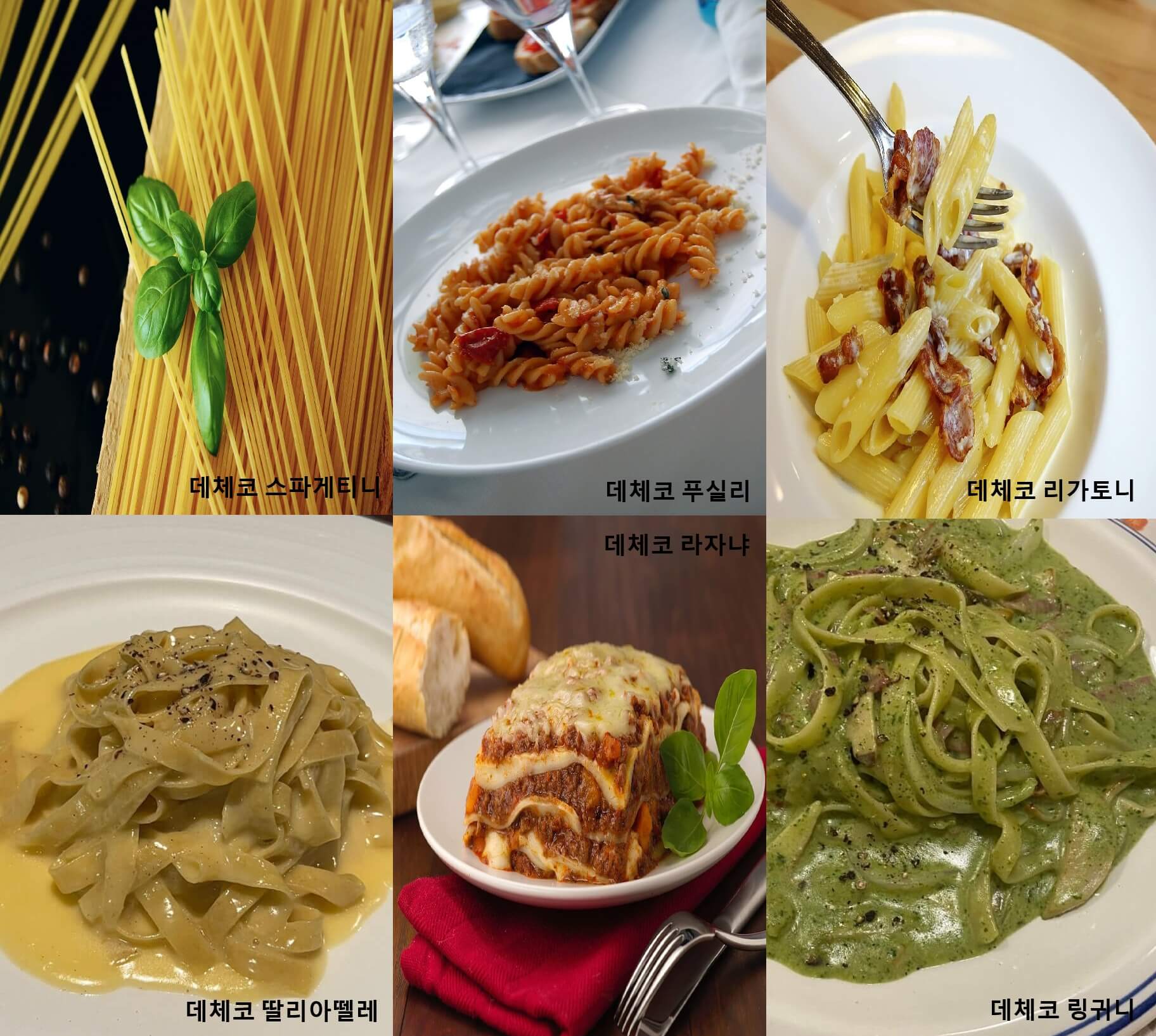 데체코 라자냐, 데체코 딸리아뗄레, 데체코 리가토니, 데체코 푸실리, 데체코스파게티니, 데체코 링귀니