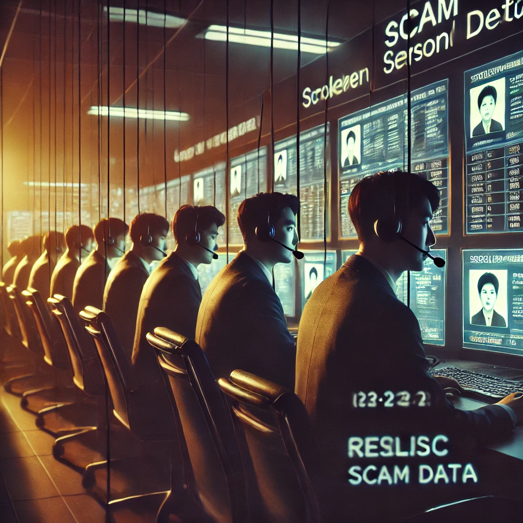 한국 불법 콜센터에서 여러 명이 헤드셋을 착용하고 보이스피싱 전화를 하는 장면, 컴퓨터 화면에는 개인정보가 표시됨