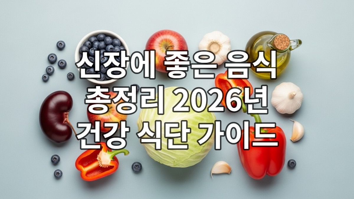 블루베리, 사과, 양배추, 마늘, 붉은 피망, 올리브 오일 등 신장 건강에 좋은 다양한 음식들이 한데 모여 있는 신선하고 활기찬 모습