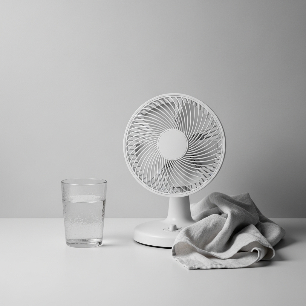 더위에 민감한 열 불내성을 선풍기와 물로 표현한 정물 이미지
