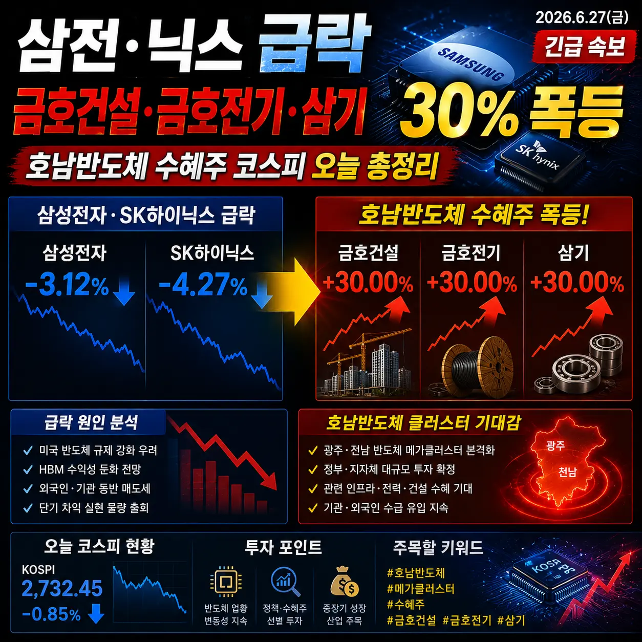 삼전닉스 급락 금호건설 금호전기 삼기 상한가 코스피 6월27일 호남반도체 수혜주 총정리
