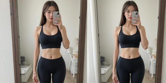 운동 전후를 기록하는 여성의 거울 셀카 장면
