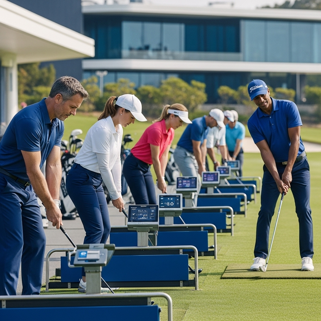 2026년 골프 스윙 트렌드를 반영한, 최신 장비로 효율적인 스윙을 연습하는 아마추어 골퍼들.