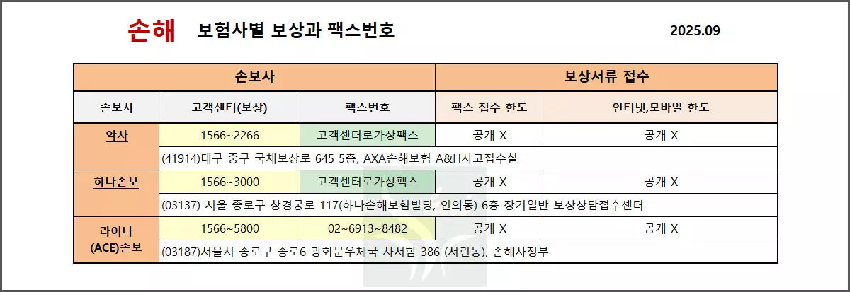 손보사 고객센터, 보상과 팩스, 주소, 접수 한도 (악사,하나,라이나(ACE))
