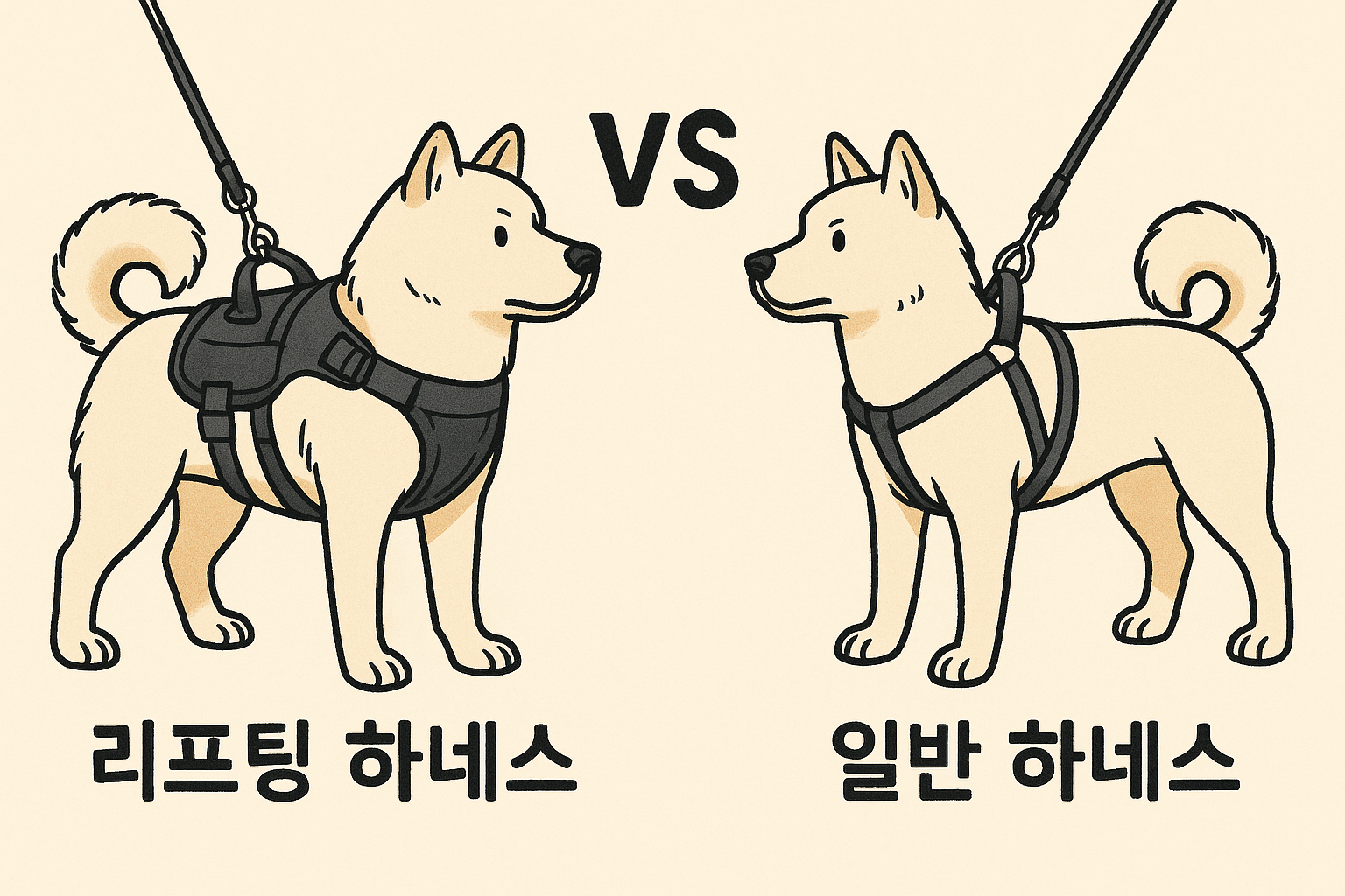 강아지 하네스의 종류인 리프팅 하네스와 일반 하네스를 비교하는 이미지