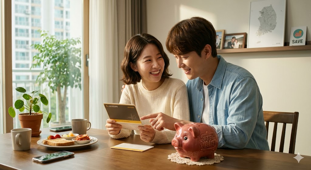 환한 거실의 원목 식탁에 앉아 저축 통장을 함께 바라보며 행복한 미소를 짓고 있는 젊은 한국인 부부. 식탁 위에는 귀여운 돼지저금통과 가벼운 샐러드 식사가 차려져 있으며, 절약을 통한 성취감과 밝은 미래를 약속하는 따뜻하고 평화로운 분위기의 8k 라이프스타일 고해상도 사진.