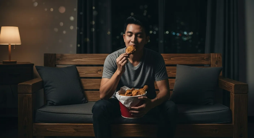 늦은 밤 소파에 앉아 치킨을 먹고 있는 남성 모습