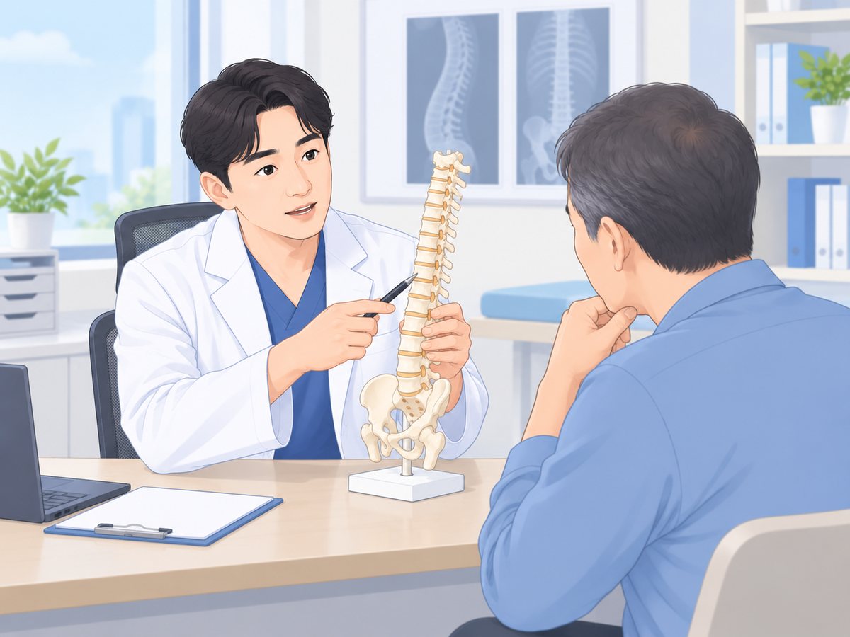 의사가 척추 모형을 펜으로 가리키며 중년 남성에게 등 통증 원인을 설명하는 진료 장면