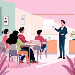 구직급여 신청을 위한 교육&amp;#44; 고용지원센터 안내를 받고 있는 다양한 퇴직자들 모습