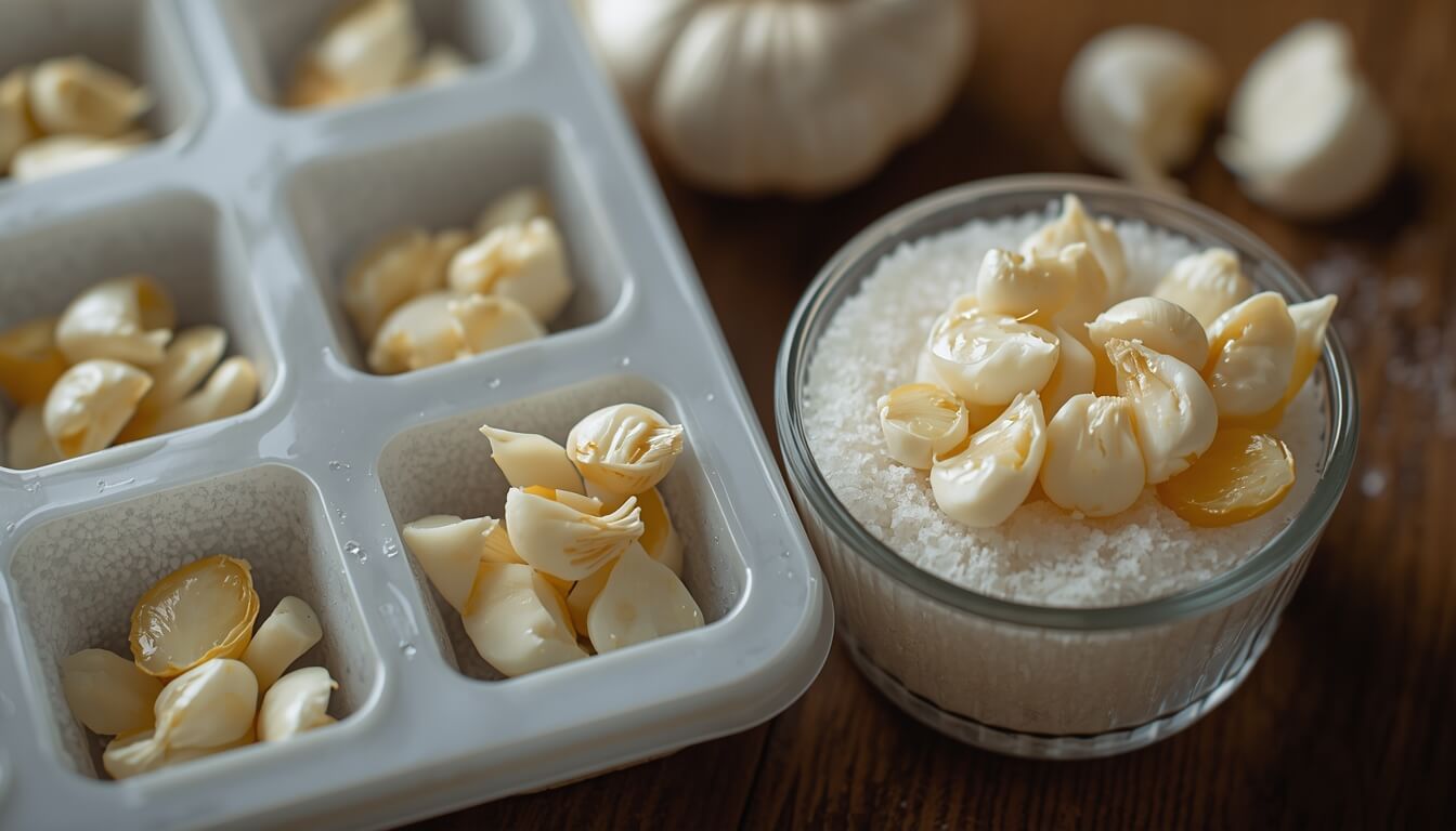 설탕을 깐 통에 보관한 깐마늘과 냉동 보관 중인 다진 마늘