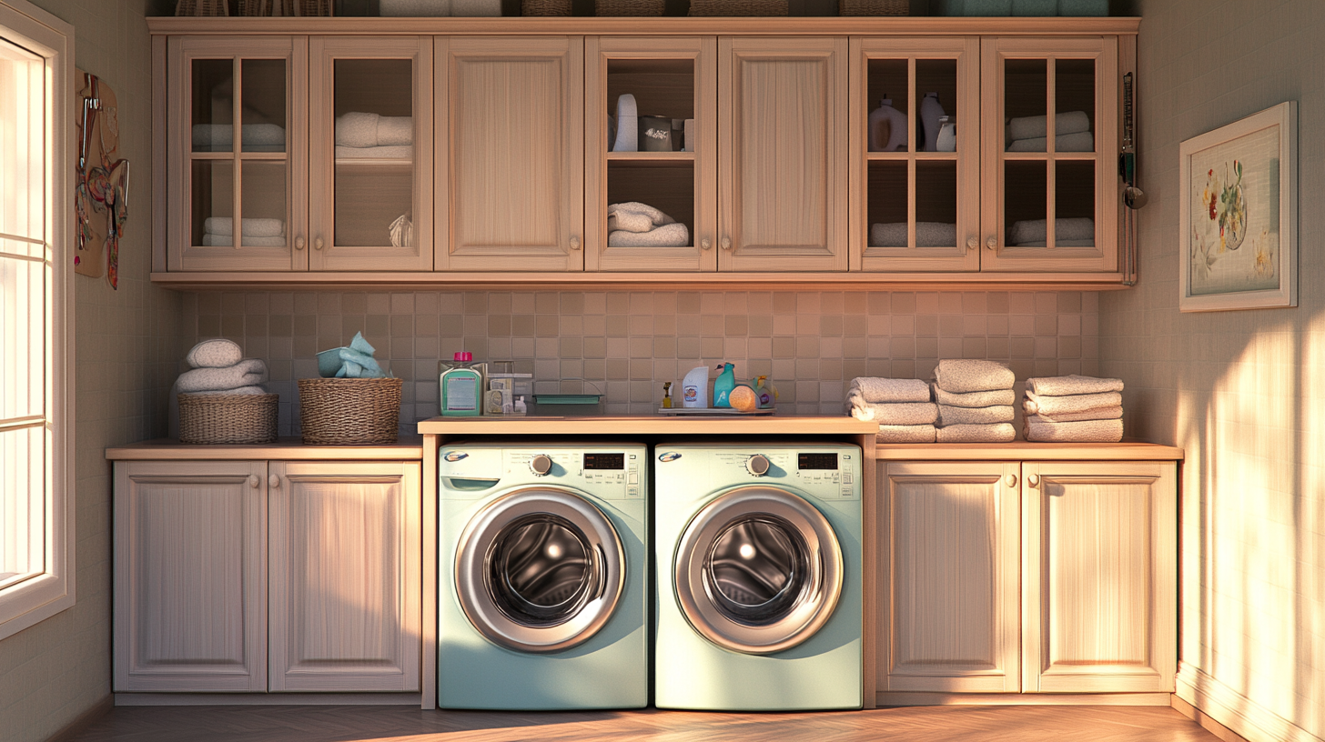 전원적인 분위기의 가족 집에 위치한 아늑한 세탁 코너, 나무 수납장이 둘러싸고 있는 완벽한 세탁기와 건조기 세트.