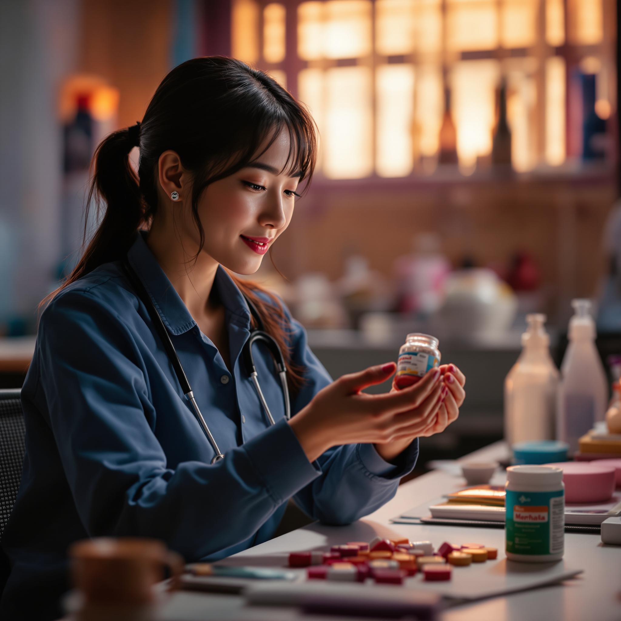 아침 식사와 함께 비타민 알약을 챙기는 여성의 모습