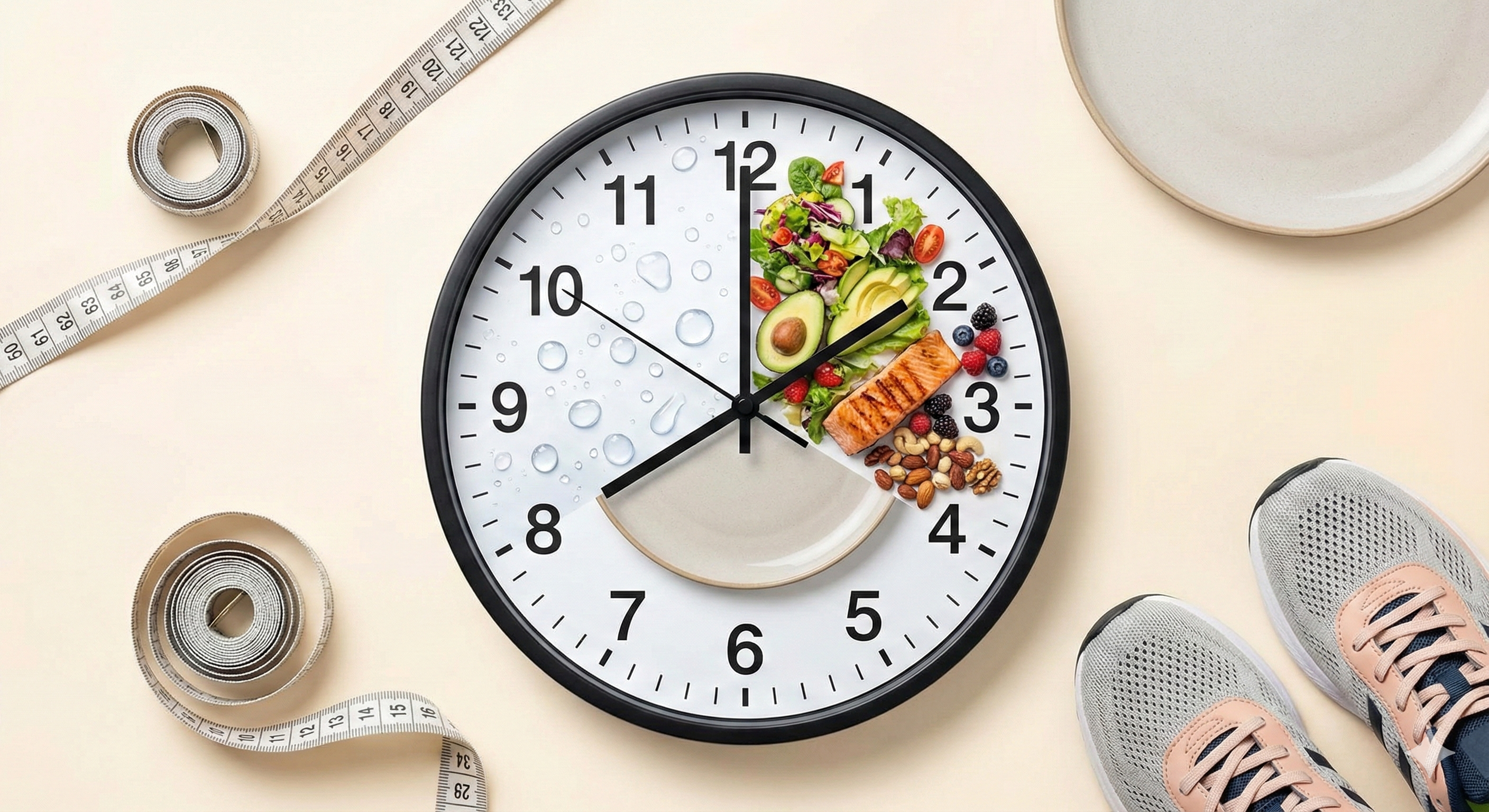 시계와 건강한 식단이 어우러진, 균형 잡힌 라이프스타일을 상징하는 이미지