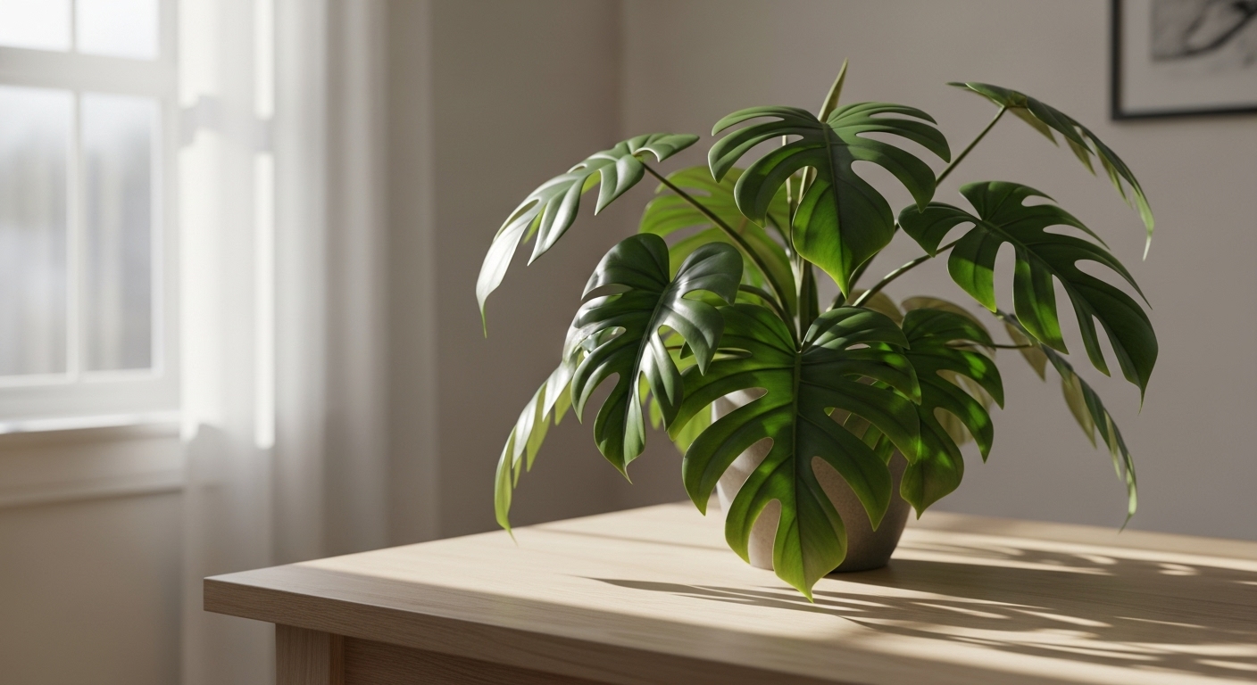 “창가에서 햇빛을 받으며 자라는 실내 몬스테라 화분”