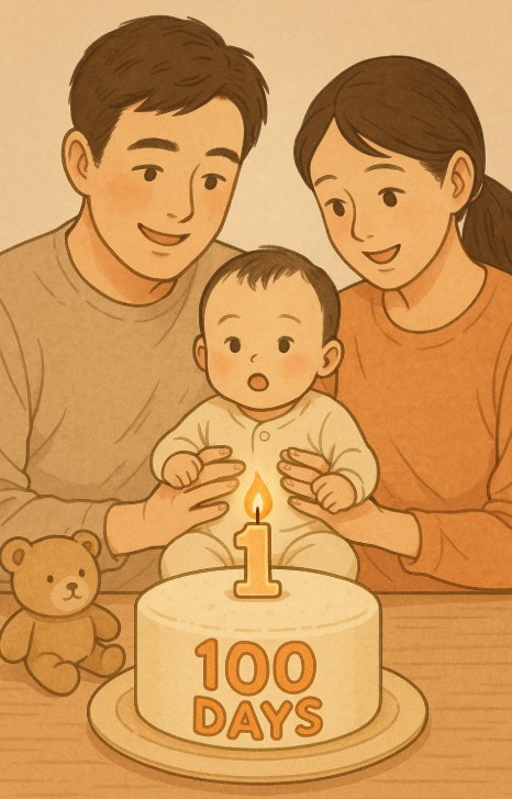 아기의 생후 100일을 가족이 함께 축하하는 따뜻한 장면