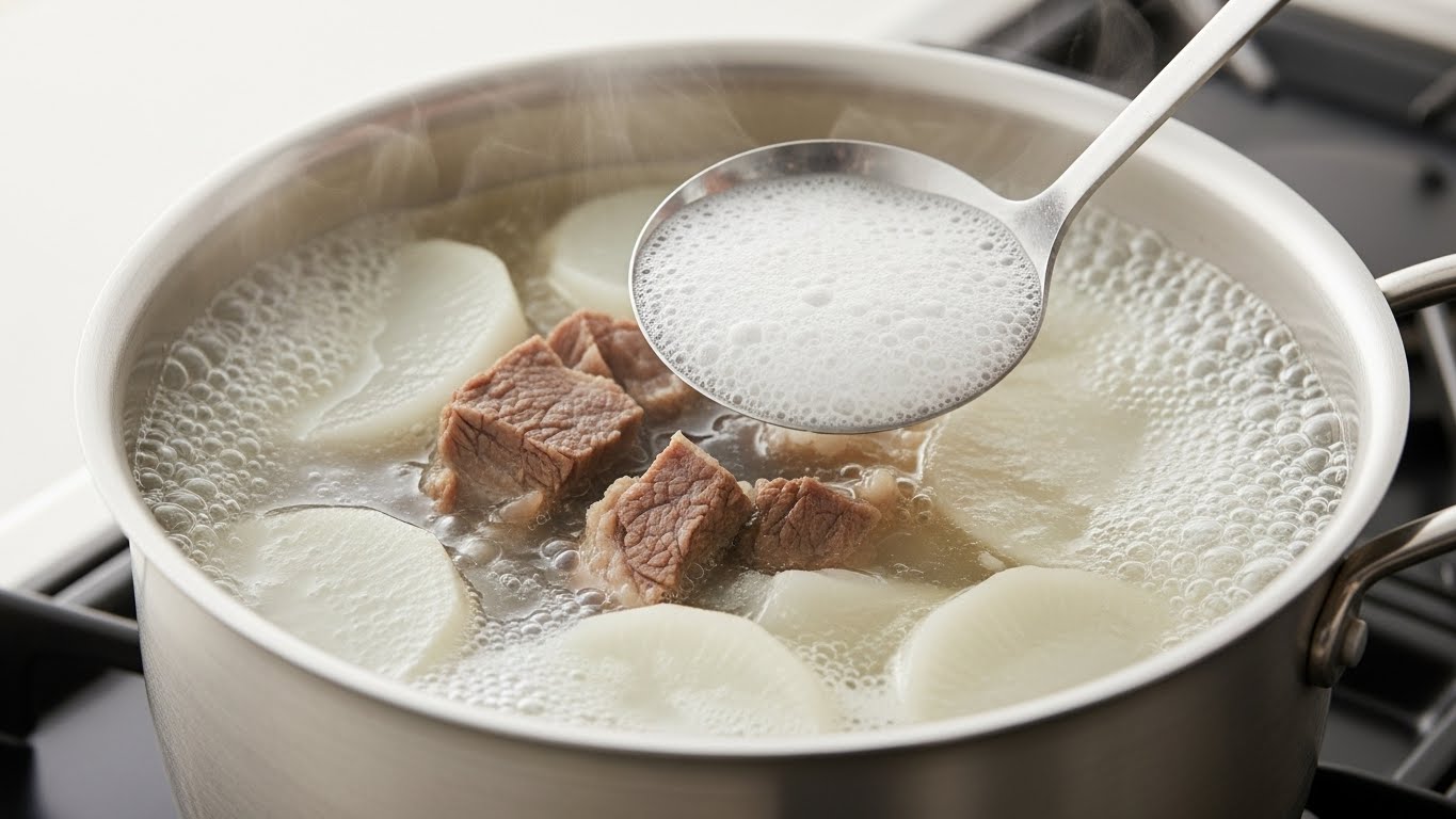 소고기무국 끓이는 중 거품을 걷는 과정