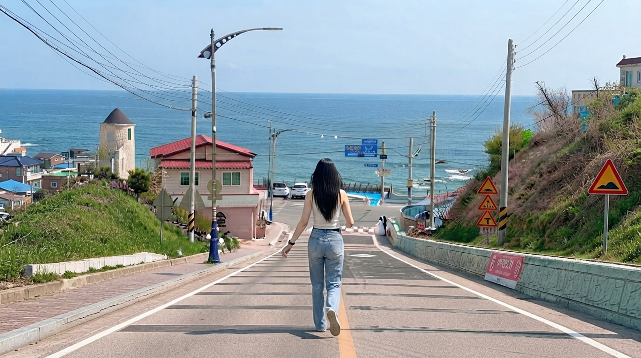 묵호 여행 중인 여성의 뒷 모습