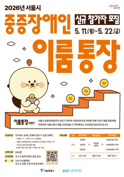 2026 서울시 이룸통장 신청방법 중증장애청년 월 15만원 지원 및 가구원 중복가입 허용