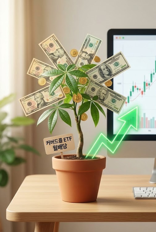 커버드콜 ETF 월배당 수익과 자산 성장을 나타내는 돈나무와 상승 차트
