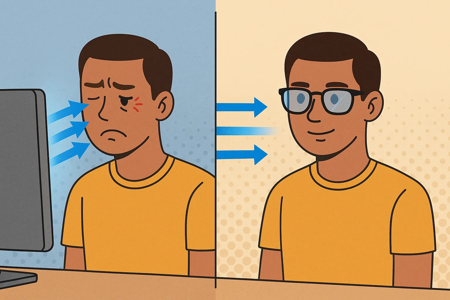 블루라이트-차단-안경을-착용했을-때와-착용하지-않았을-때의-눈-피로와-보호-효과를-비교한-이미지