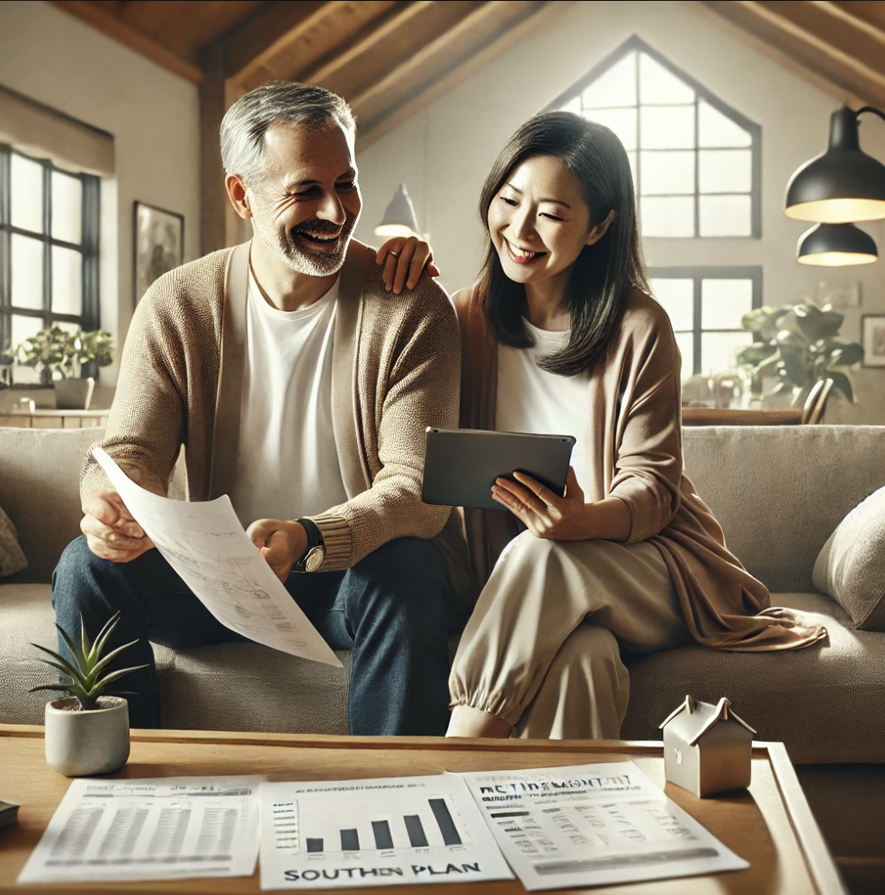 부부가 함께 여유롭게 연금 계획을 세우는 장면