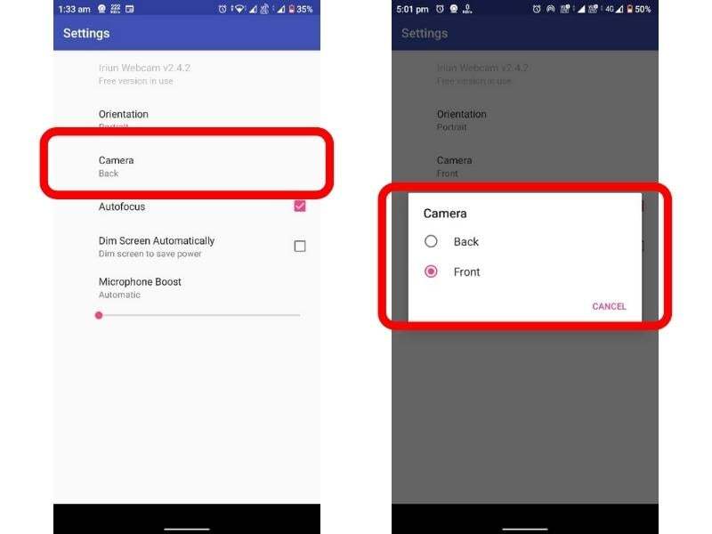 Iriun 웹캠에서 카메라 전후방 변경