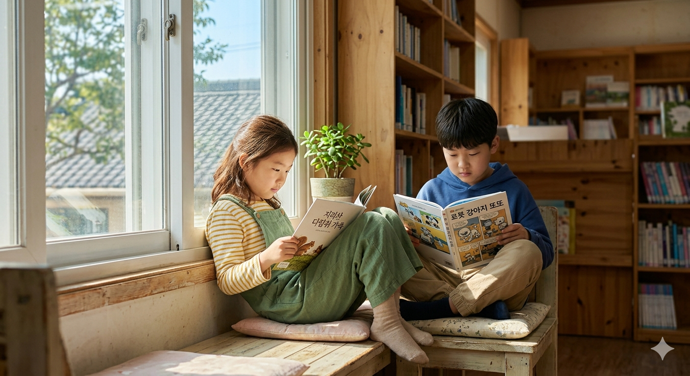 뜻한 햇살이 드는 도서관 창가에서 책을 읽는 남/여 아이들 모습의 이미지를 AI 기술을 활용해 재구성함
