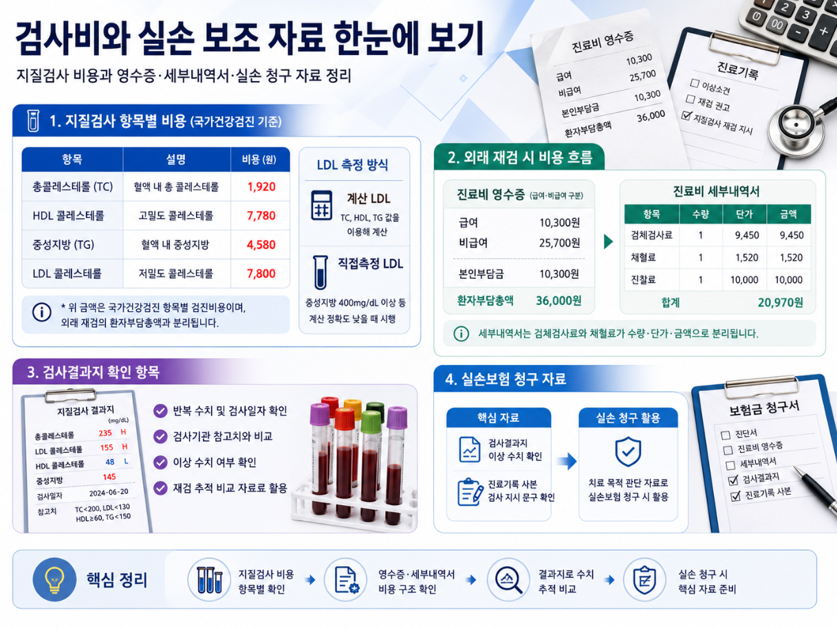 총콜레스테롤&middot;HDL&middot;중성지방&middot;LDL 검사비와 진료비 영수증, 세부내역서, 실손 청구 보조 자료를 정리한 인포그래픽