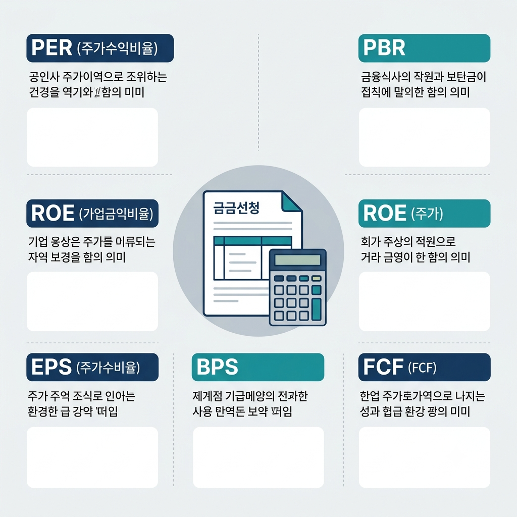 기업 가치 평가에 활용하는 PER, PBR, ROE, EPS, BPS, FCF의 역할을 비교한 금융 교육 인포그래픽