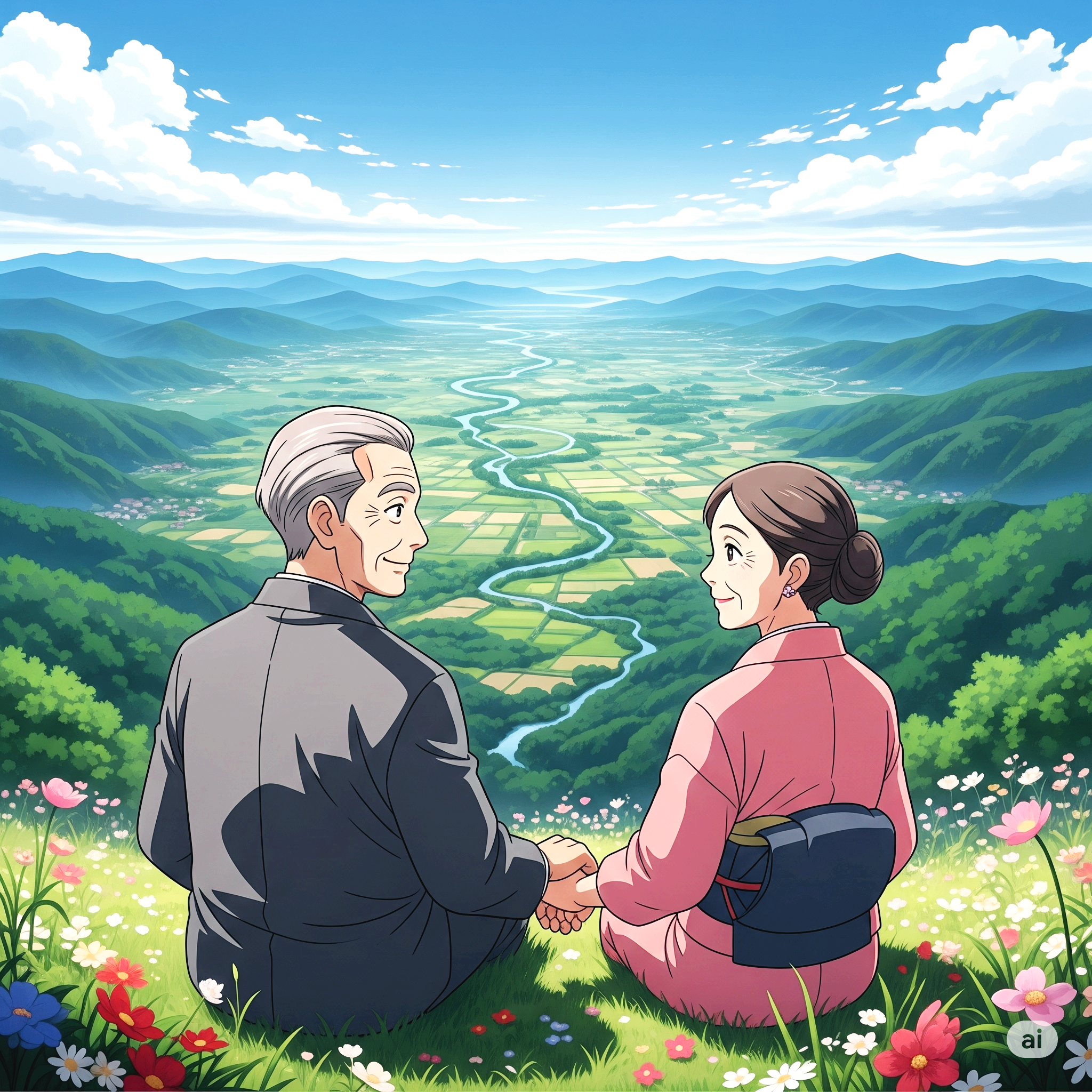 나이 든 부부가 언덕 위에 앉아서 서로 마주 보고 있는 그림