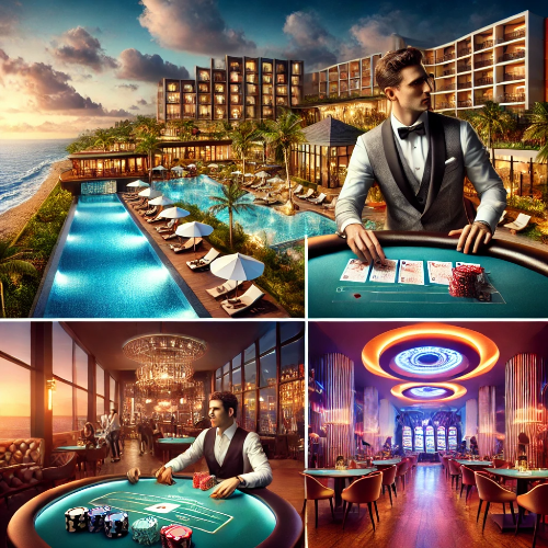 고급 리조트, 독점적인 카지노, 세련된 나이트클럽을 배경으로 한 여행 장면