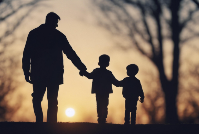 석양 아래 아빠와 두 아이가 손을 잡고 걷는 모습, 함께 성장하는 가족의 따뜻한 시간