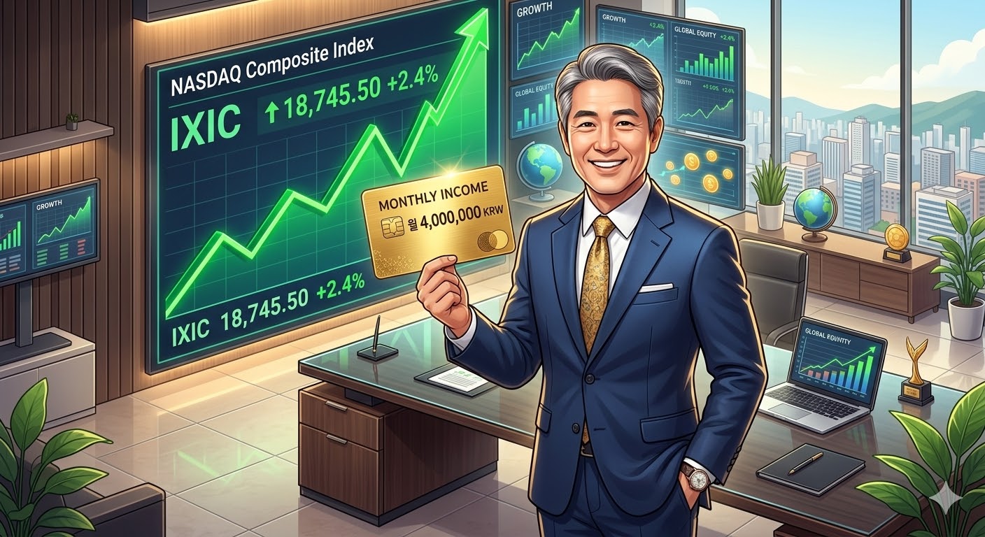 세련된 정장을 입은 50대 남성이 'Monthly Income 400'이라 적힌 황금색 카드를 들고 있고, 그 뒤로 나스닥 그래프가 힘차게 솟구치는 3D 일러스트